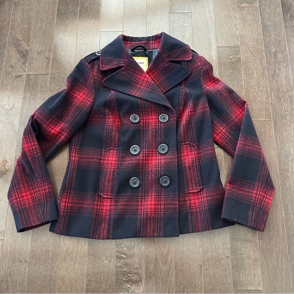 Old Navy Plaid Pea Coat Double Breasted Navy Red Preppy Academia Classic M - Picture 1 of 8